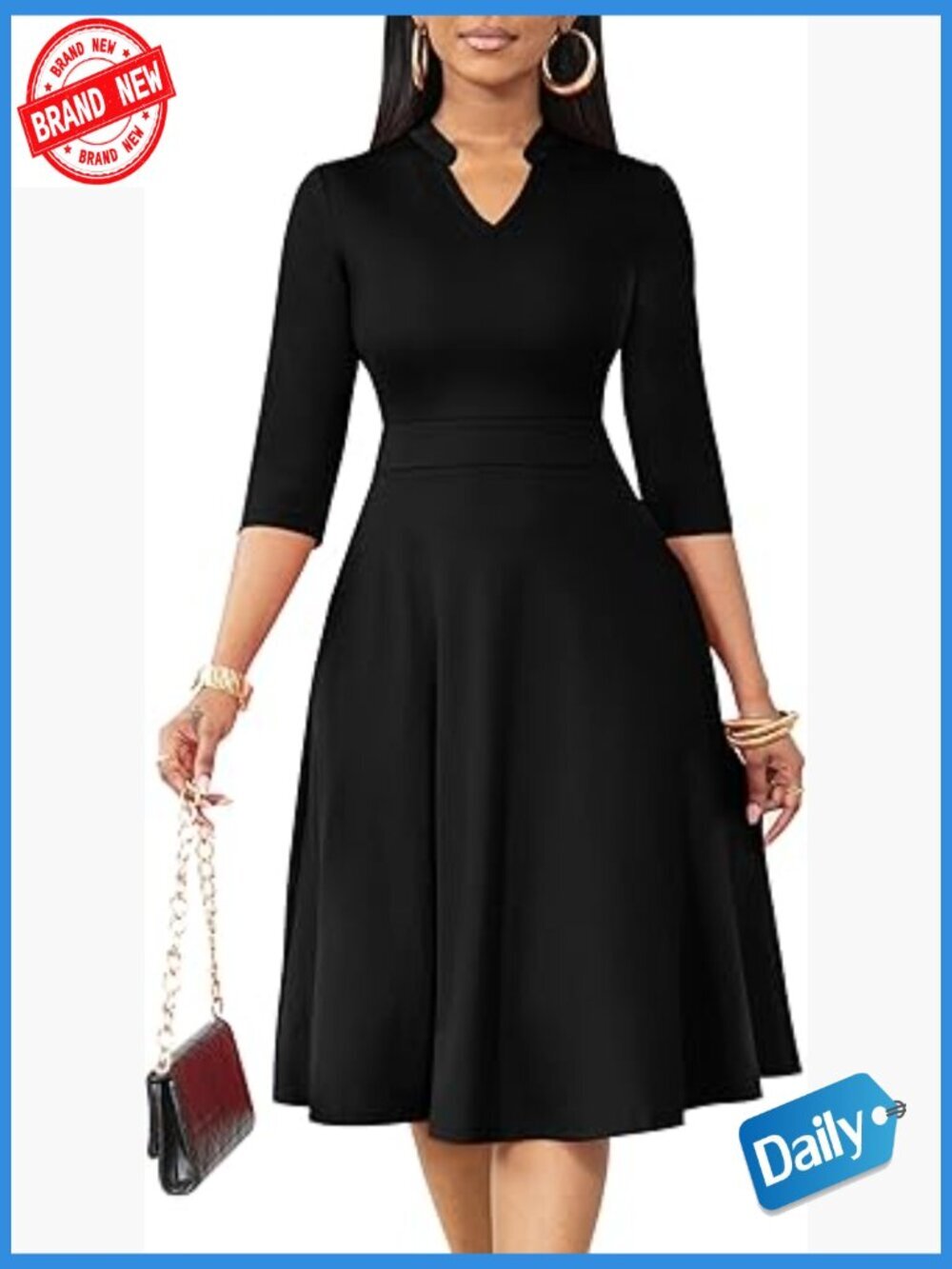 Semi Formal Fit and Flare 3/4 Sleeve A-line Church Work Dress with Pockets